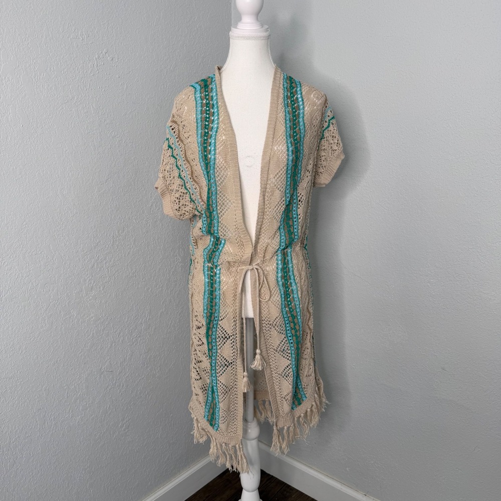 Chicos Womens Size 0 Tan Teal Crochet Knit‎ Longline Cardigan Fringe Duster Tie